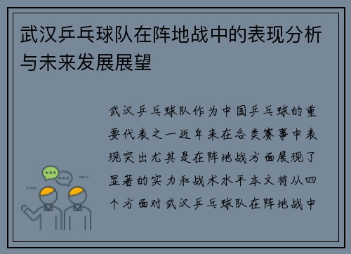 武汉乒乓球队在阵地战中的表现分析与未来发展展望