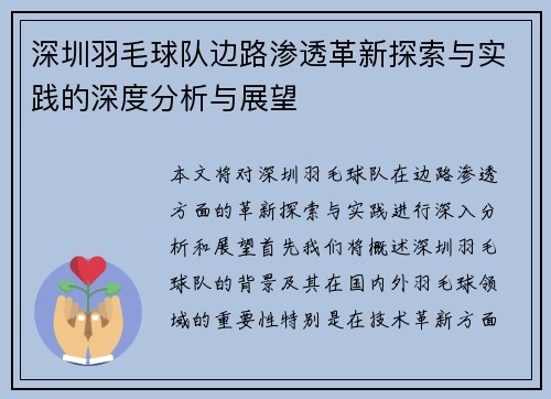 深圳羽毛球队边路渗透革新探索与实践的深度分析与展望